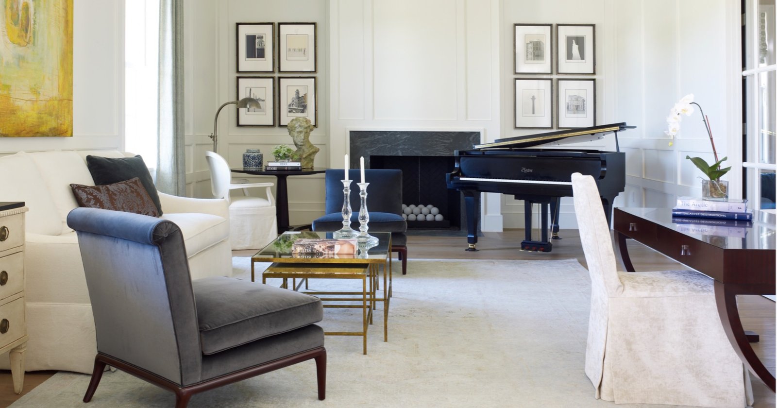 Traditional Houston home refreshed with a pared-down palette, clean lines and contemporary art